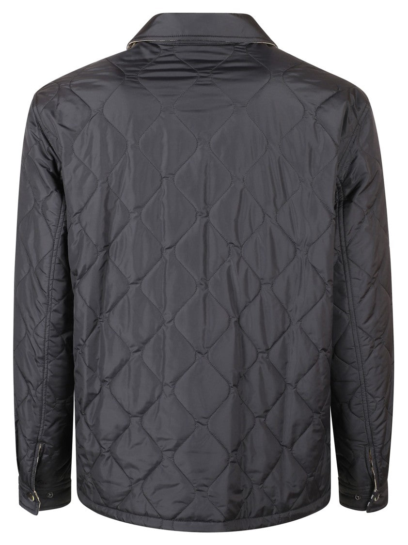 Burberry Quilted Black Coat With Classic Collar And Check Pattern Lining