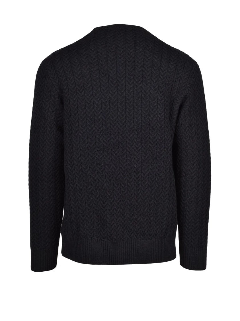 Zanone Black Cable Knit Virgin Wool Crewneck Sweater