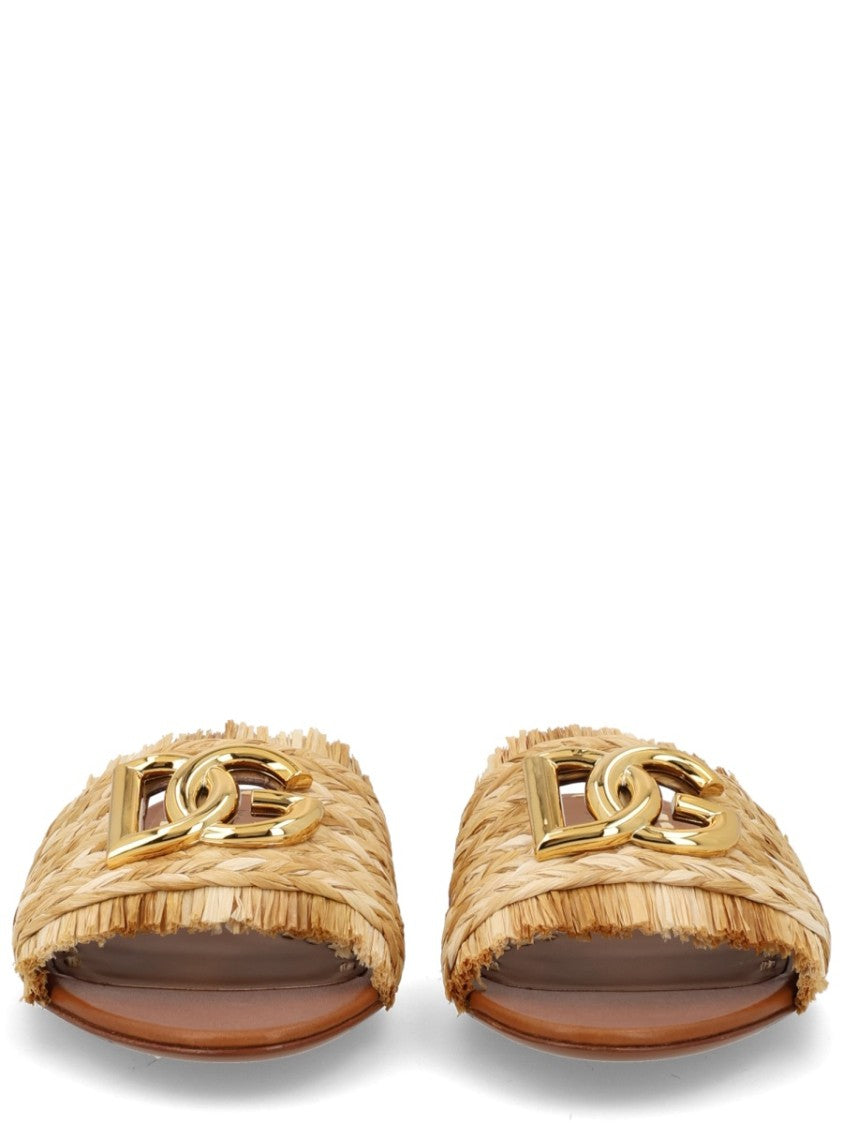 Dolce & Gabbana Woven Raffia Fringe Logo Slides