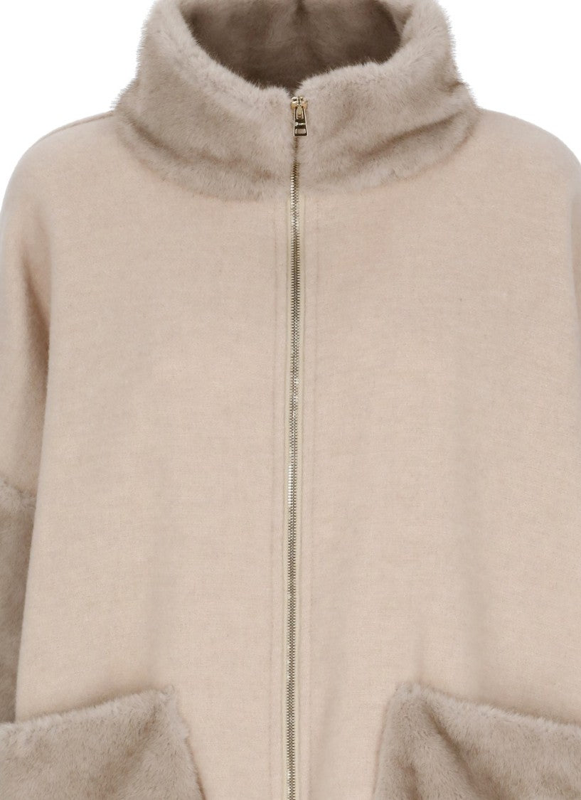 Herno Beige Faux Fur Accent Fringe Wool Jacket