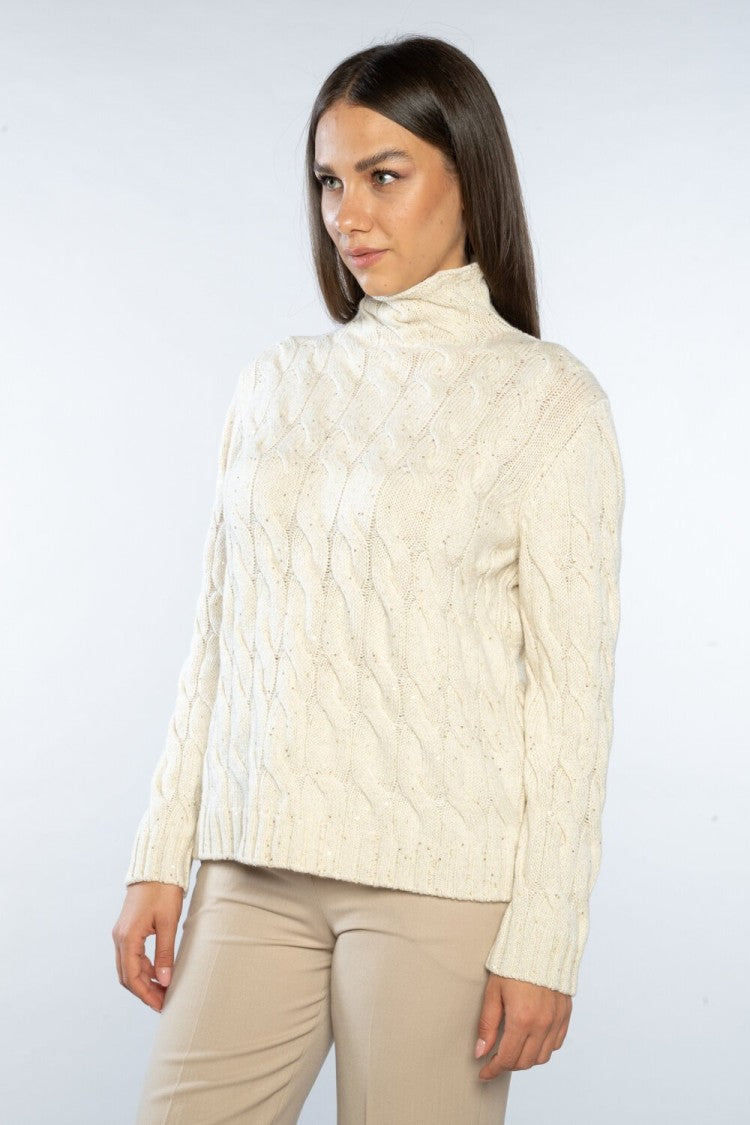 Paolo Fiorillo Capri Ivory Cable-Knit Turtleneck Sweater With Braided Pattern