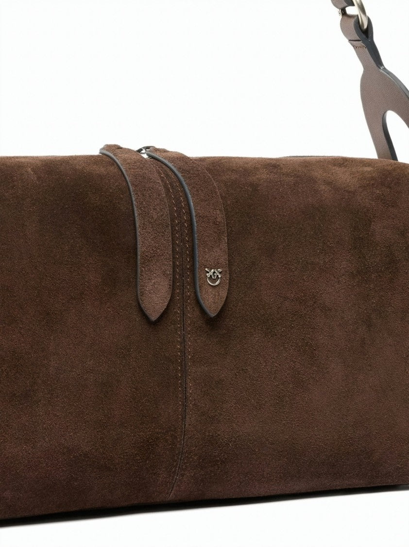 Pinko Brown Suede Love Birds Shoulder Bag