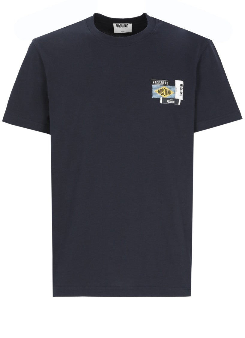 Moschino Blue Embroidered Logo Patch Cotton T-Shirt