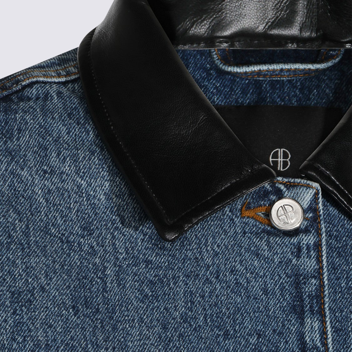 Anine Bing Cropped Denim Jacket With Leather Collar