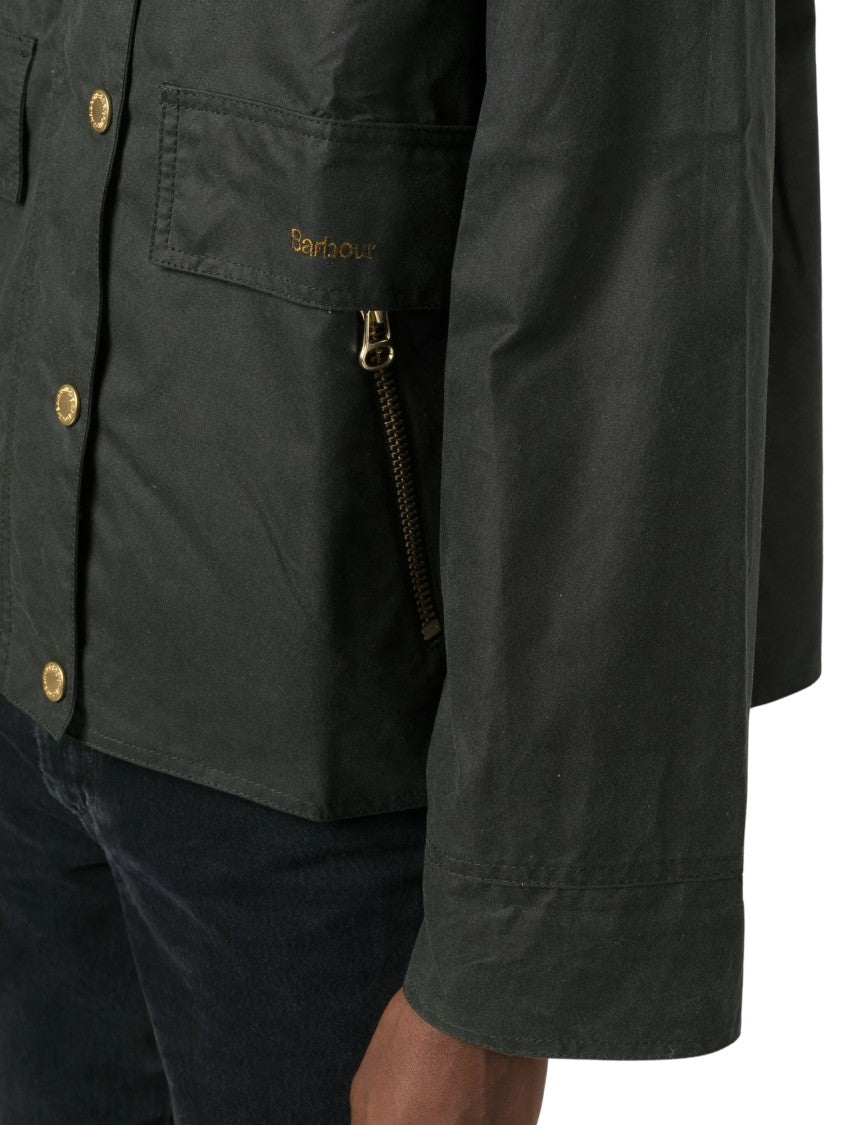 Barbour Boxy Black Embroidered Jacket With Corduroy Collar And Decorative Elements
