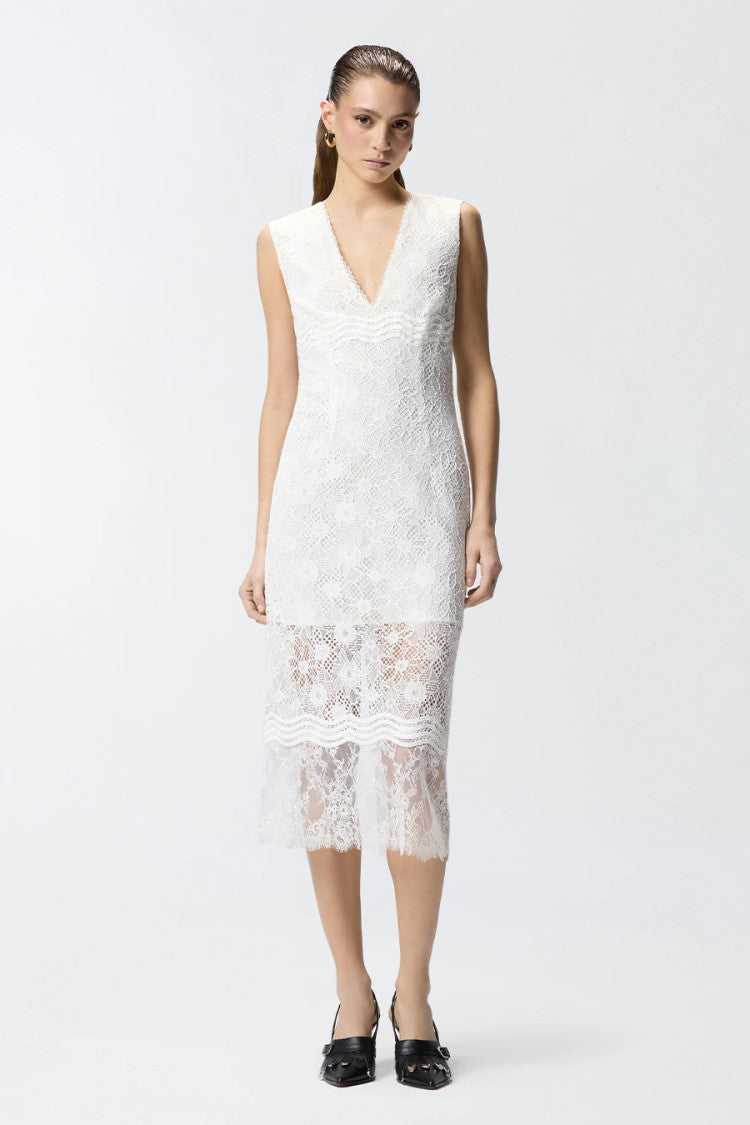 Pinko White Audrey Sleeveless V-Neck Zip Front Lace Midi Dress