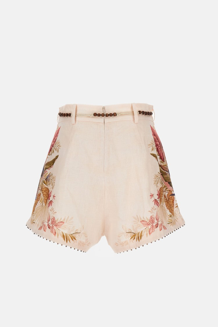 Zimmermann Floral Print Linen Shorts With Removable Waist Strap And Side Pockets