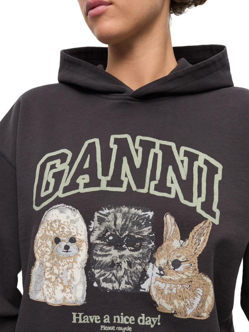 Ganni Oversized Crop Hoodie With Playful Animal Graphic