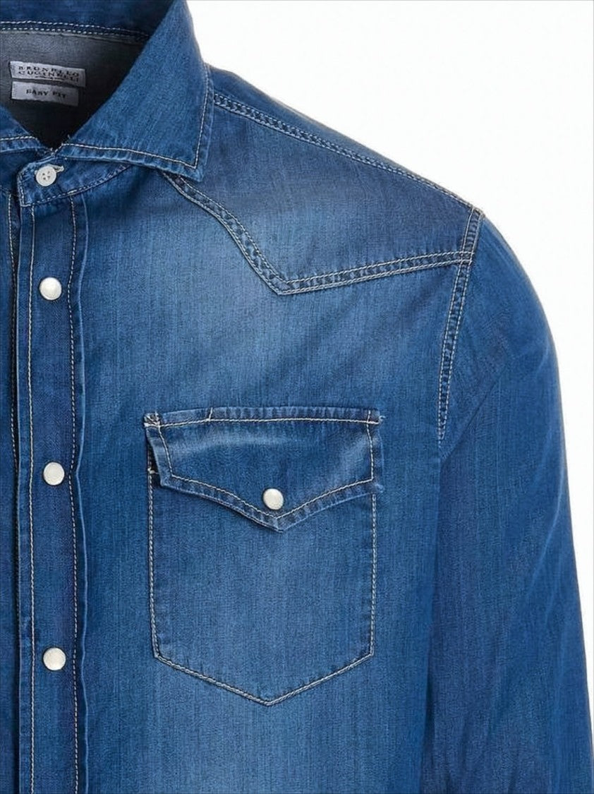 Brunello Cucinelli Classic Denim Long-Sleeve Shirt With Flap Pockets