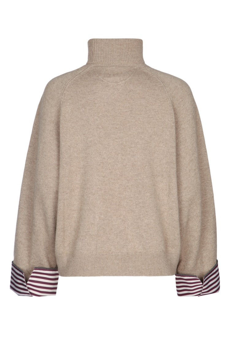Brunello Cucinelli Cropped Cashmere Turtleneck Sweater With Striped Cuffs