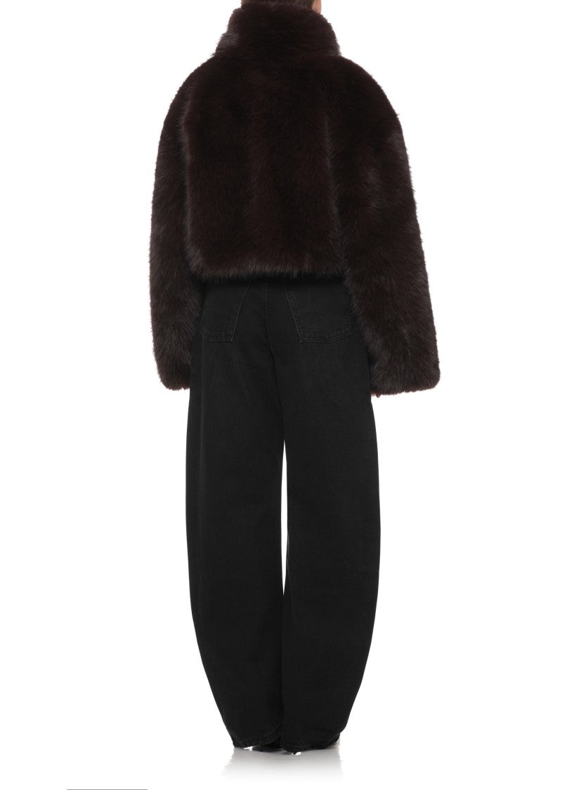 Rotate Brown Cropped High-Neck Fur Jacket