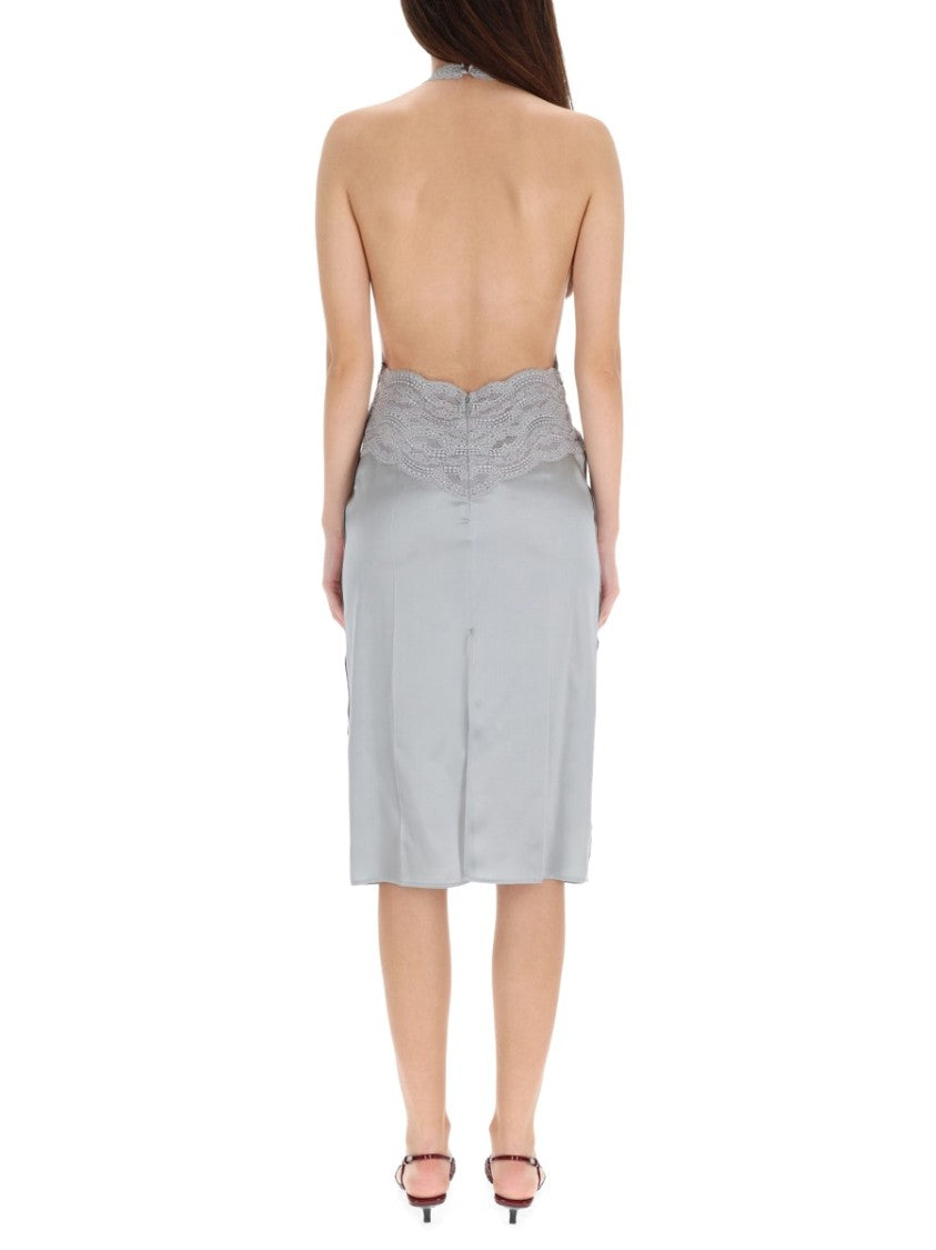 Gucci Silk Satin Dress With Deep V-Neckline And Lace Detailing