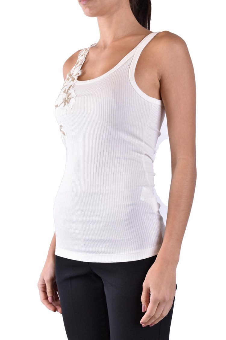 Ermanno Fitted Top With Floral Embroidery And Ribbed Texture