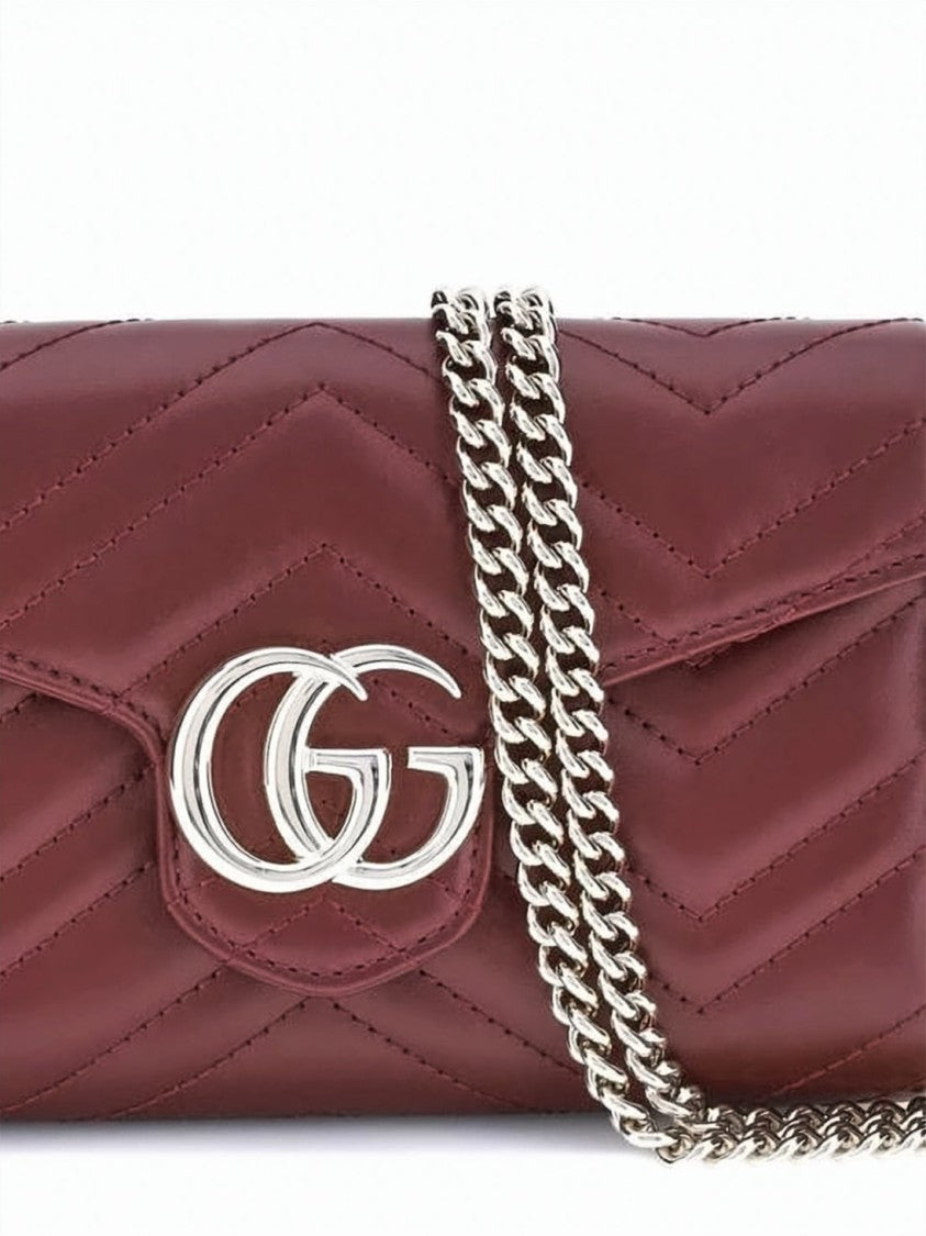 Gucci Burgundy Leather Gg Marmont Chain Wallet With Chevron Pattern