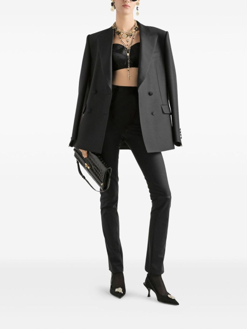 Dolce & Gabbana High-Waisted Black Satin Leggings With Scalloped Detail