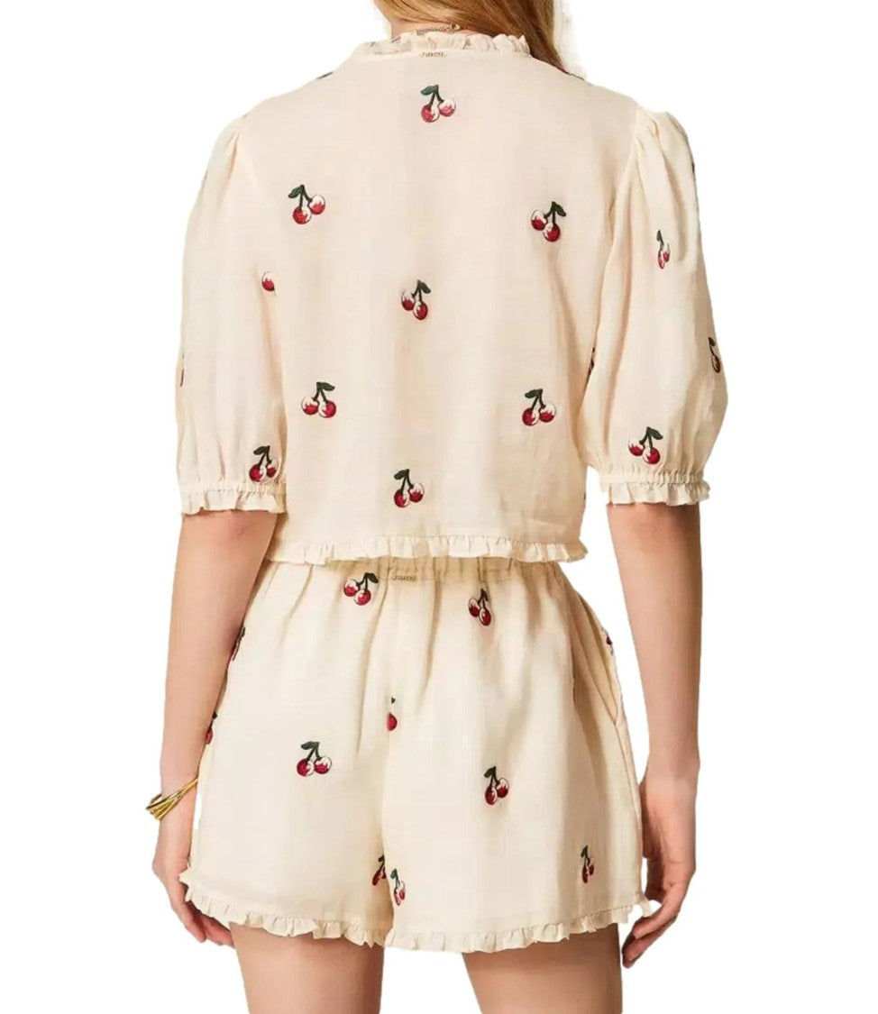 Twin-Set Cropped Blouse With Cherry Print And Ruffle Detailing