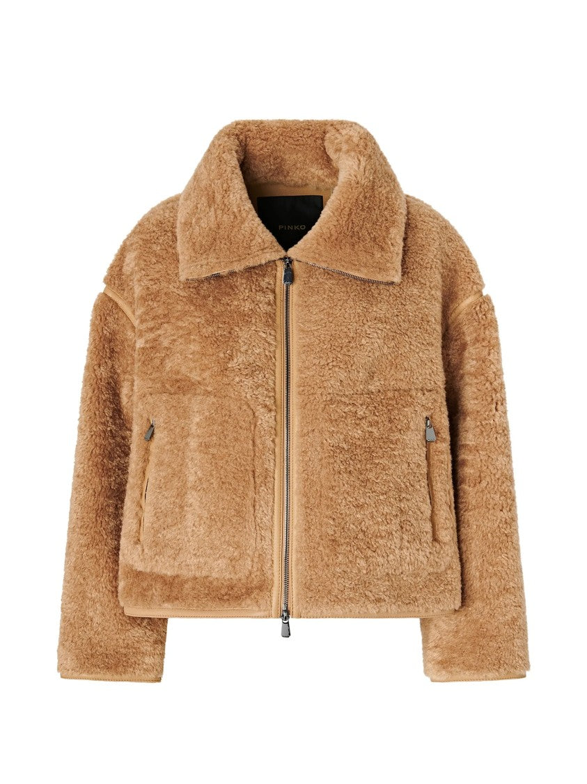 Pinko Cropped Plush-Textured Jacket With Wide Collar And Zippered Pockets