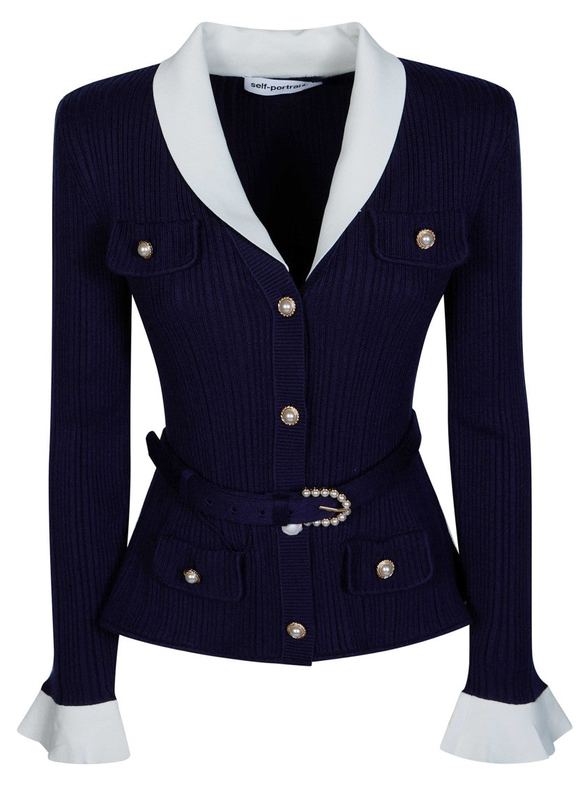 Self-Portrait Navy Ribbed Knit Pearl Cardigan
