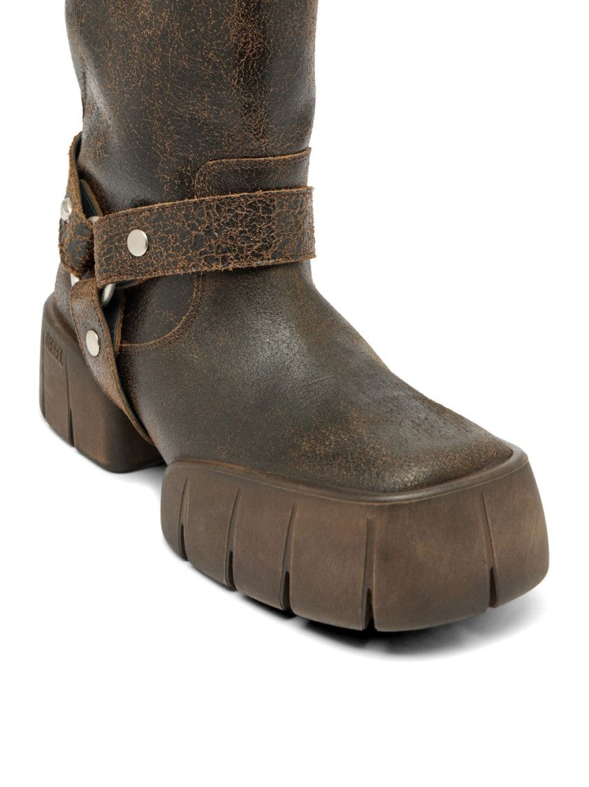 Diesel Brown Square Toe Leather Block Boots