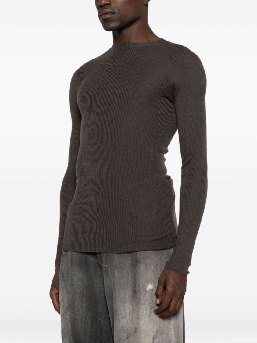 Rick Owens Slim Fit Ribbed Knit Sweater With Raw-Edged Hem