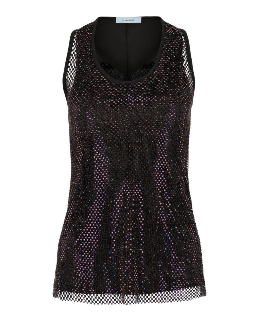 Ferragamo Crystal-Embellished Mesh Tank Top With Twisted Back Design