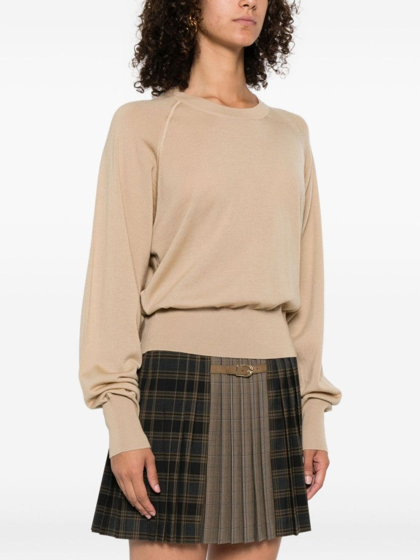 Pinko Relaxed Fit Beige Wool Crew Neck Sweater