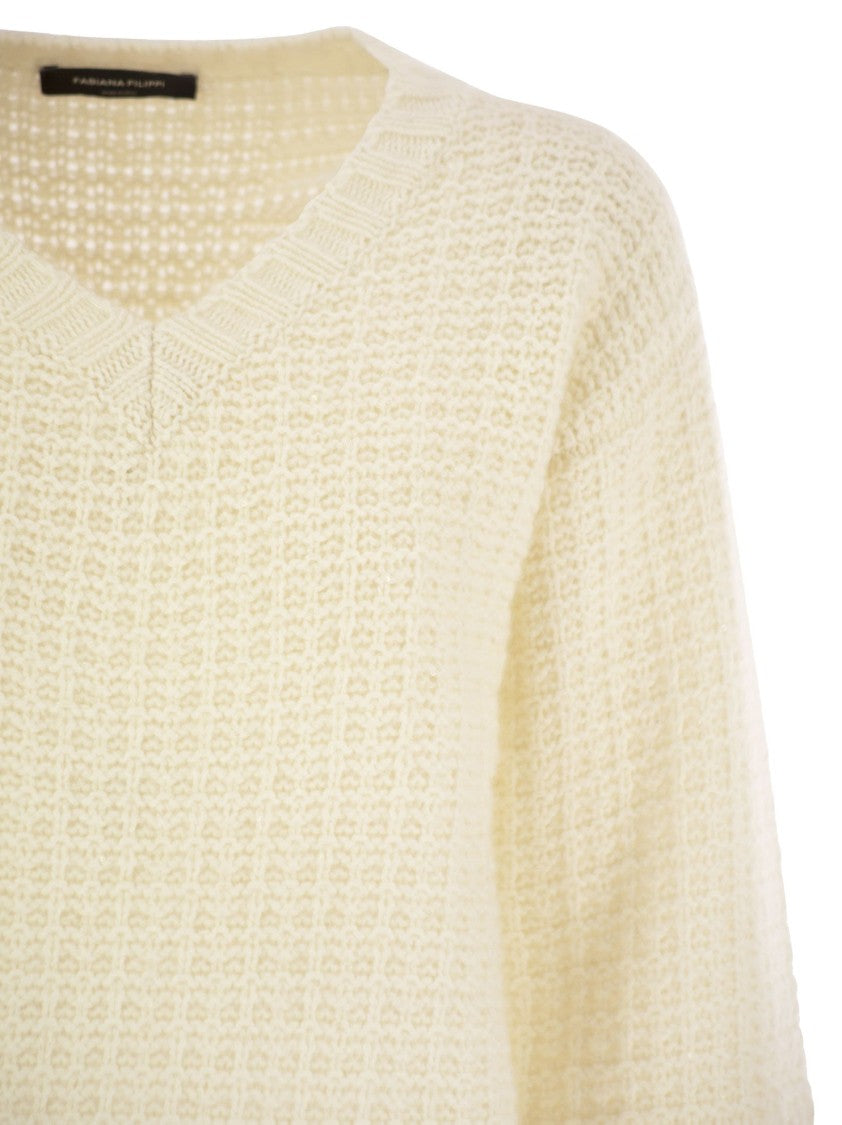 Fabiana Filippi V-Neck Sweater In Platinum With Sequins