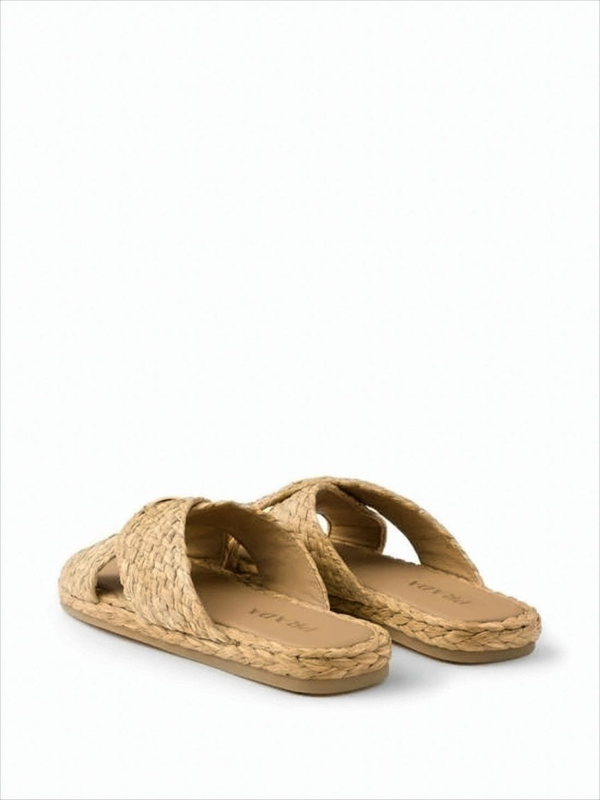 Prada Woven Raffia Slip-On Mules With Triangular Logo Accent
