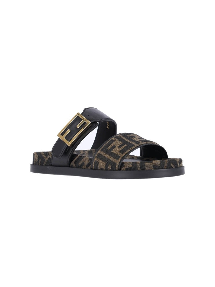 Fendi Brown Feel Embossed Logo Slide Sandals