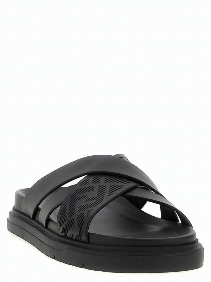Fendi Crossed Calf Leather Black Mule Sandals