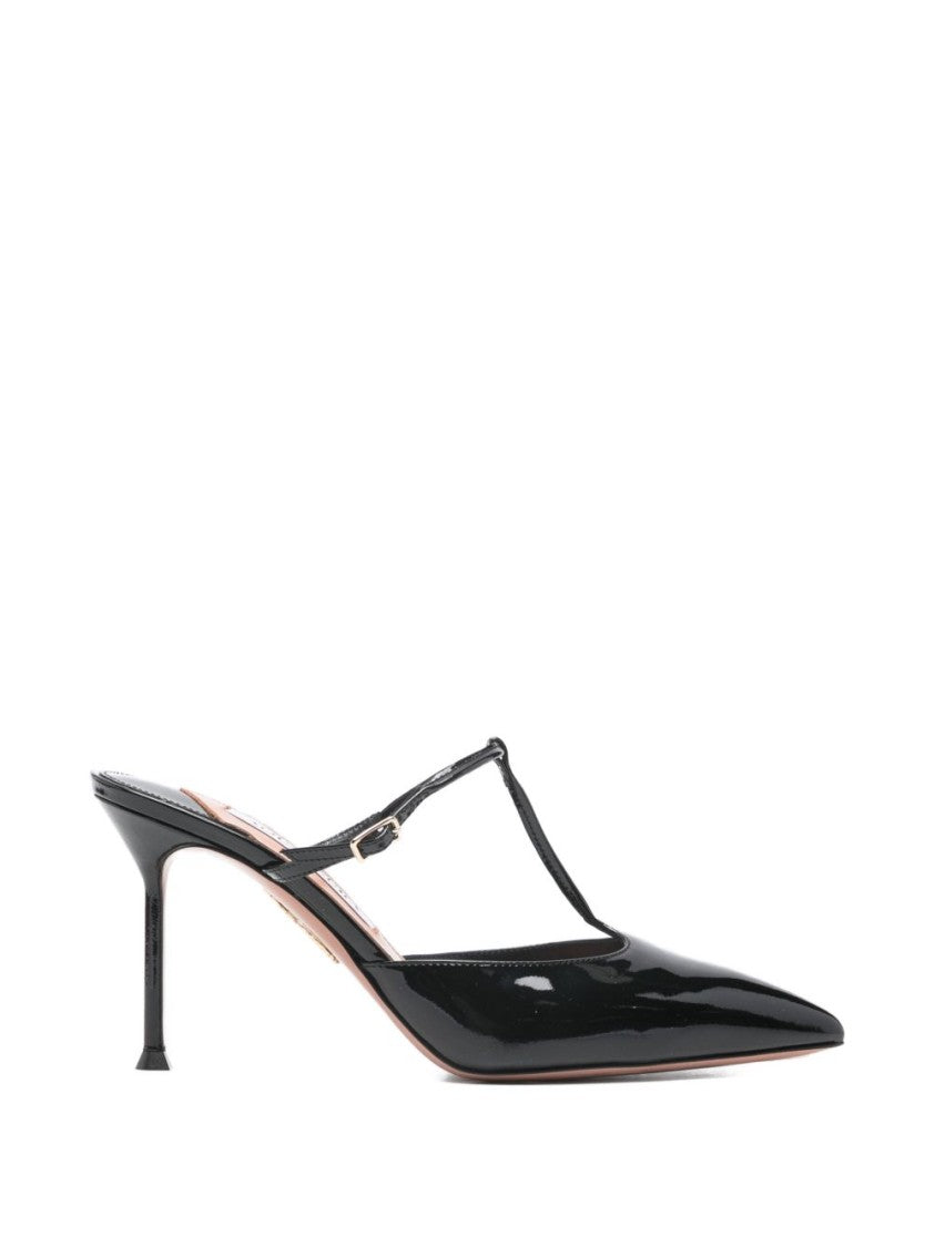 Aquazzura Black T-Strap Pointed Toe Buckle Sandals