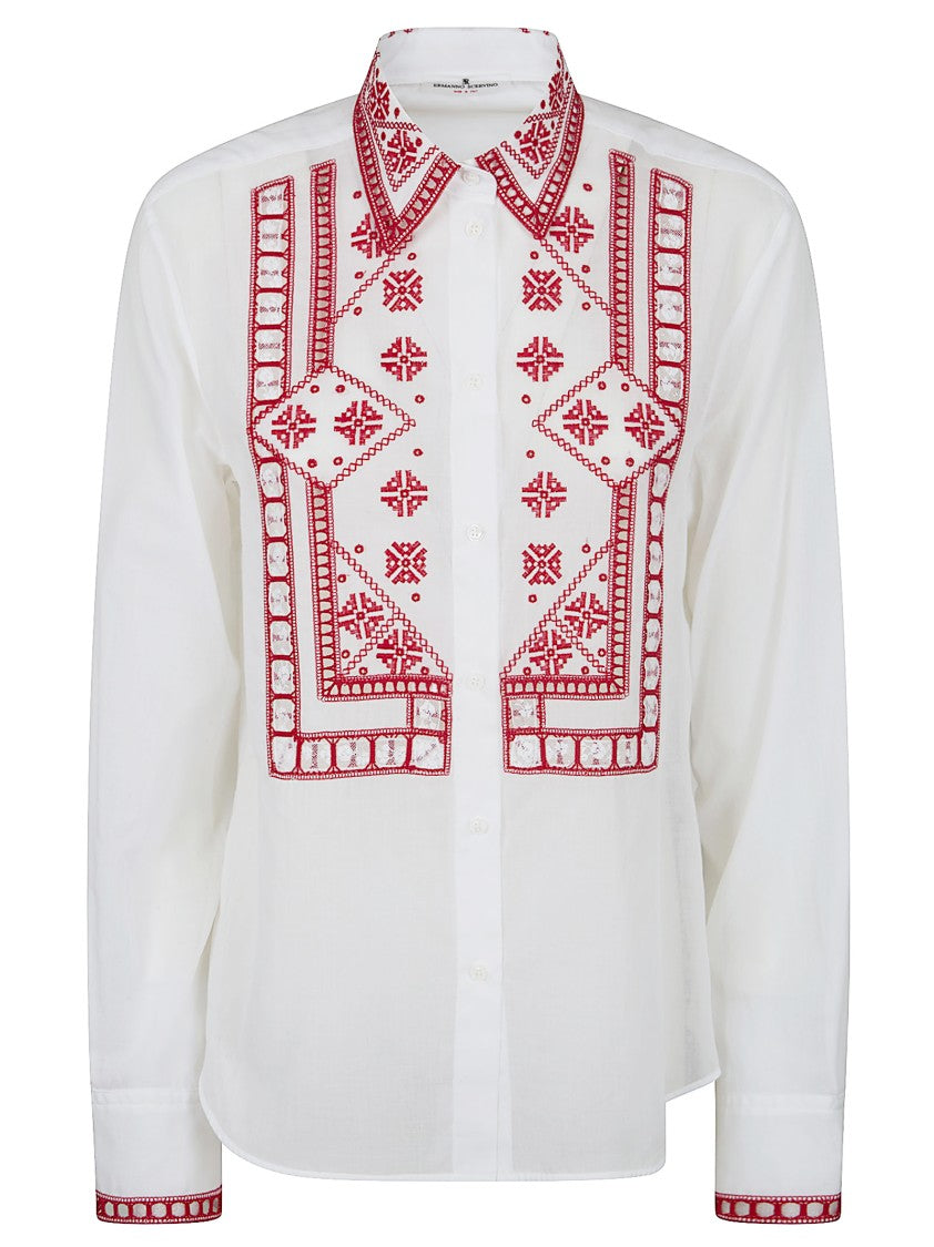 Ermanno Scervino White Cotton Shirt With Artisanal Red Embroidery