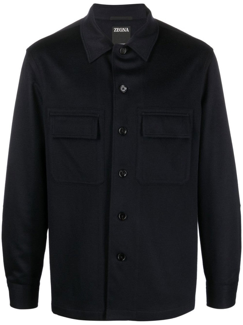 Zegna Navy Blue Cashmere Overshirt With Classic Collar And Flap Pockets