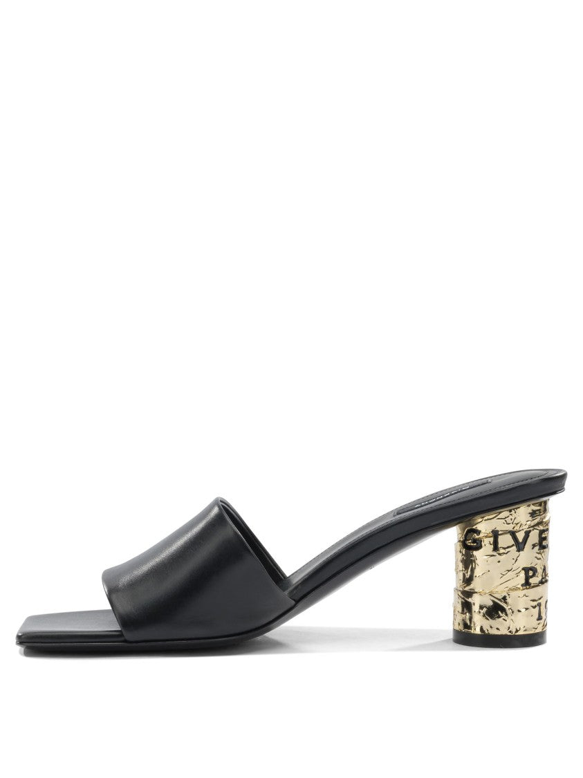 Givenchy Black Calf Leather Sandals With Gold-Toned Block Heel
