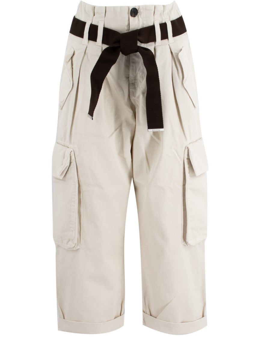 Pinko High-Waisted Milk White Cargo Trousers With Knotted Belt