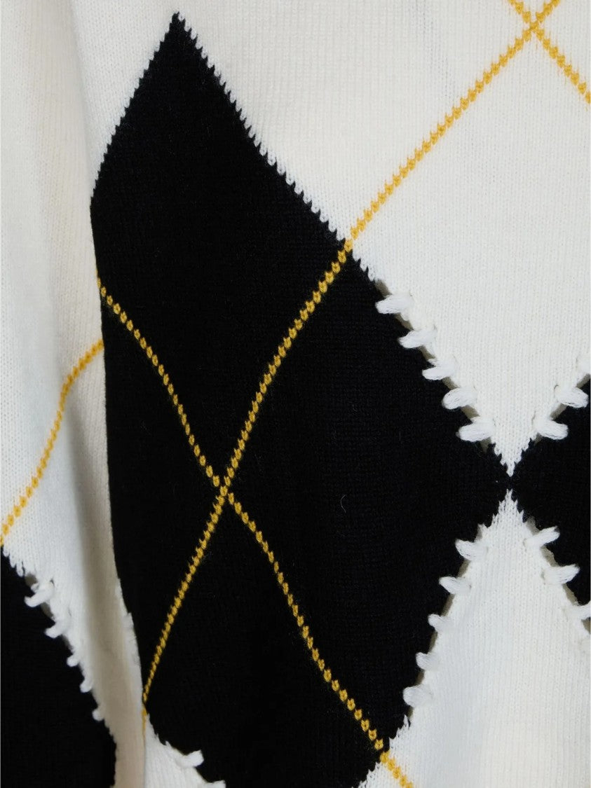 Pinko Cropped Knitted Sweater With Argyle Pattern And Decorative Ties
