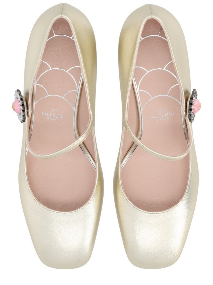 Valentino Garavani Gold Mary Jane Leather Block Pumps