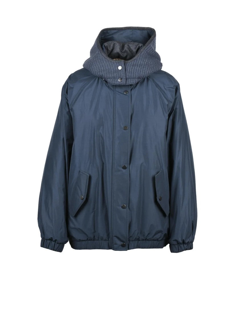 Brunello Cucinelli Blue Polyester-Blend Zip Padded Raglan Coat