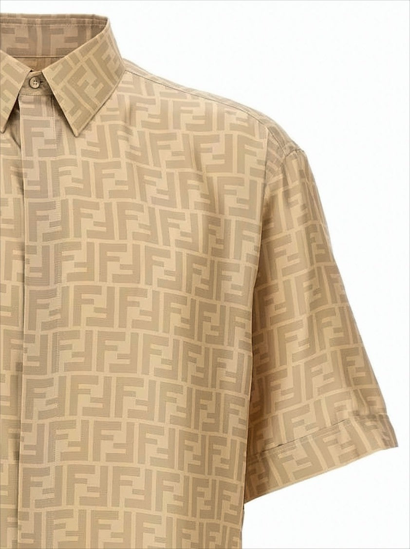 Fendi Short-Sleeve Silk Shirt With Tonal Monogram Pattern