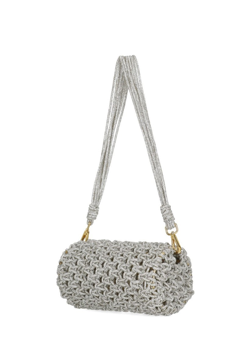 Hibourama Cylindrical Silver Hibourama Jewelry Bag With Woven Crystal Design