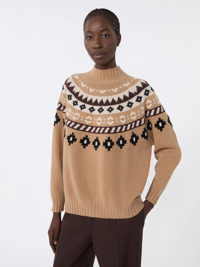 Max Mara Brown Knit Sweater With Patterned Yoke