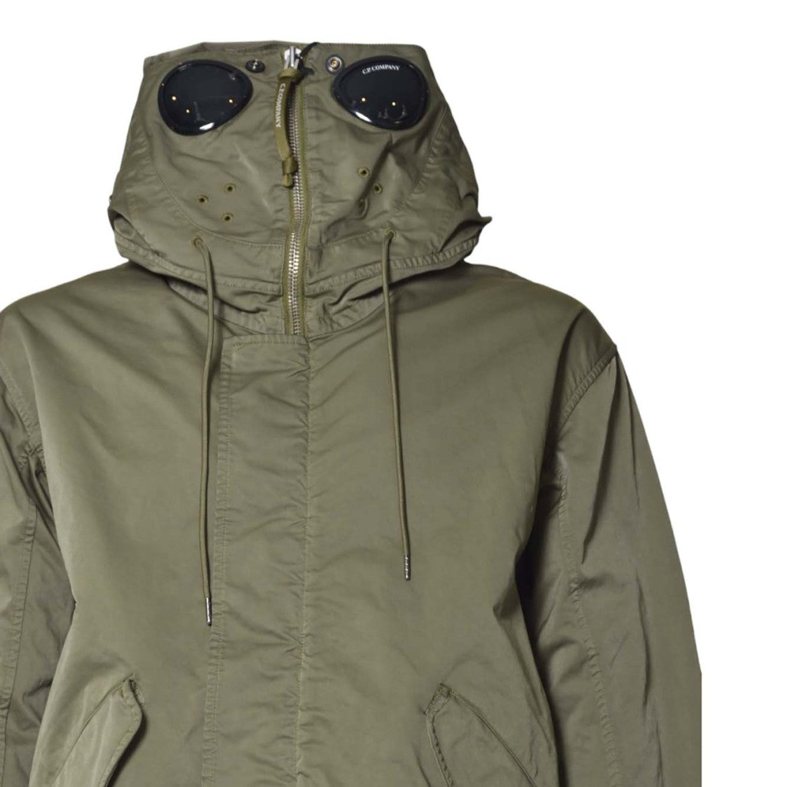 C.P. Company Long Hooded Green Coat With Fishtail Hem And Goggle Detail