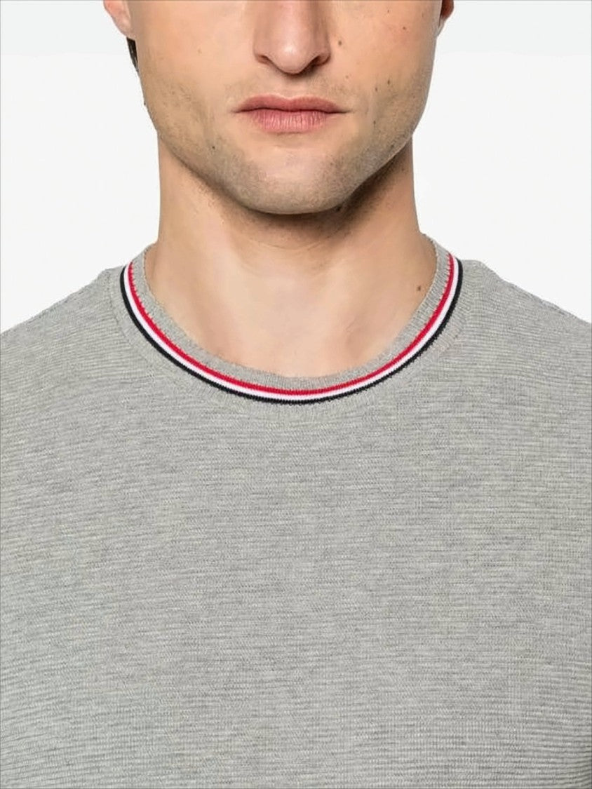 Thom Browne Short-Sleeve Cotton T-Shirt With Striped Neckline And Snap Hem