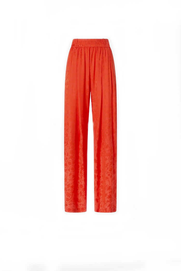 Pinko Orange Bedonia Jacquard Floral Smocked Waist Viscose-Blend Flared Pants
