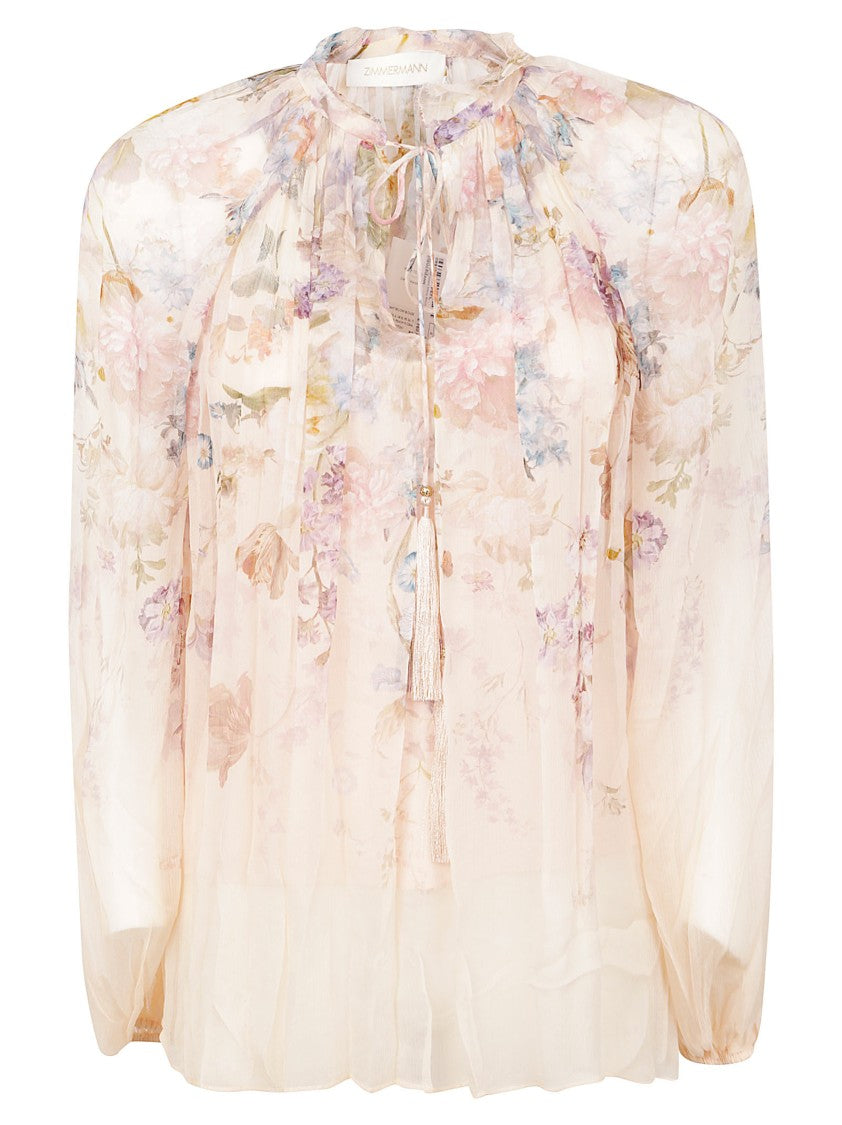 Zimmermann Ethereal Floral Print Sheer Blouse With Gathered Neckline