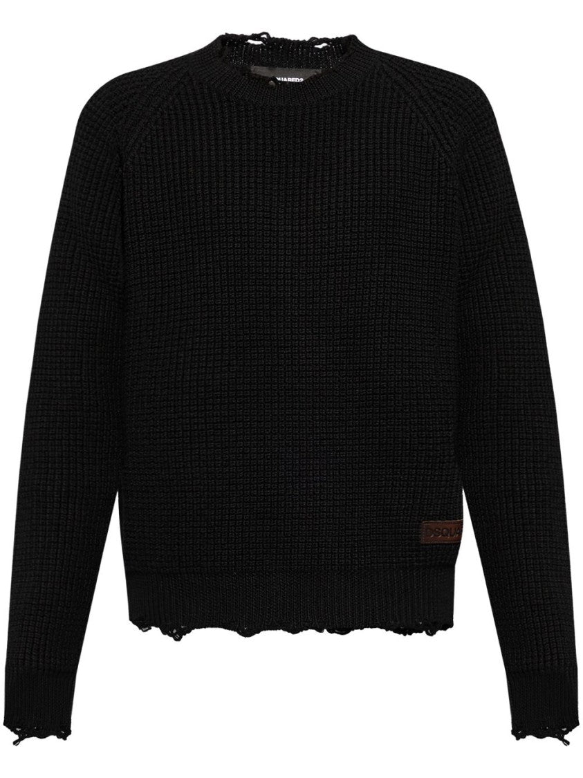 Dsquared2 Textured Knit Sweater With Raw Hem And Distressed Detailing