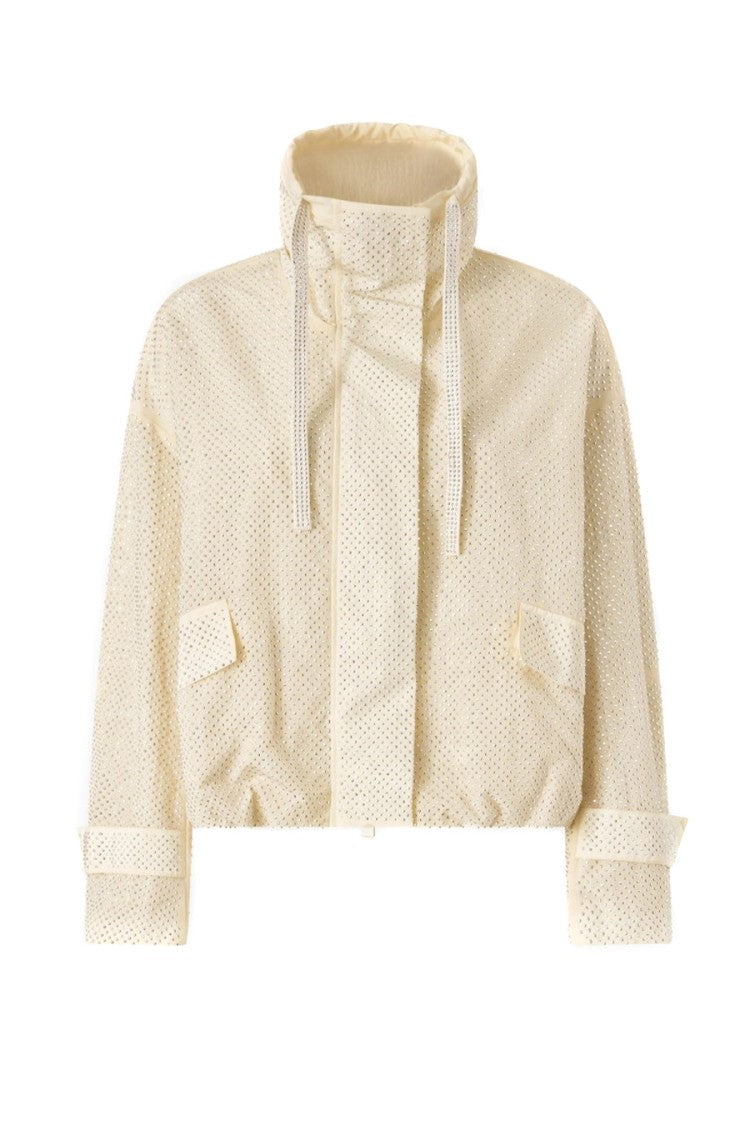Pinko White Perforated Rhinestone Funnel Neck Nylon Jacket