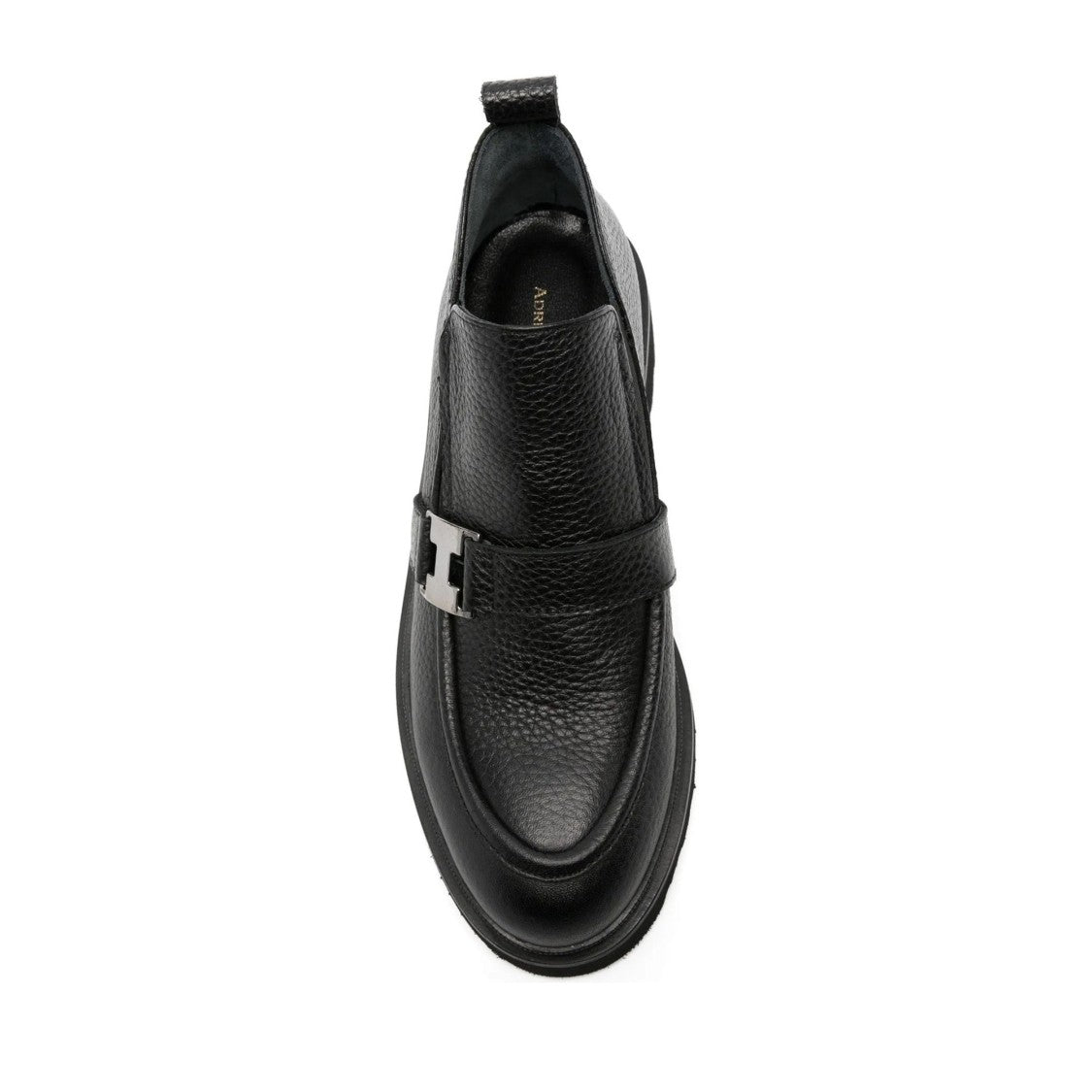 Adrianna Feretti Black Chunky Block Heel Metallic Buckle Leather Loafers