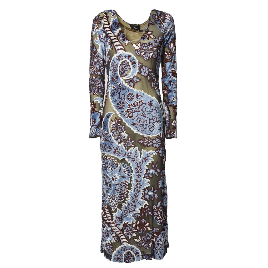 Etro Long Dress In Light Blue Velvet Jacquard Tulle