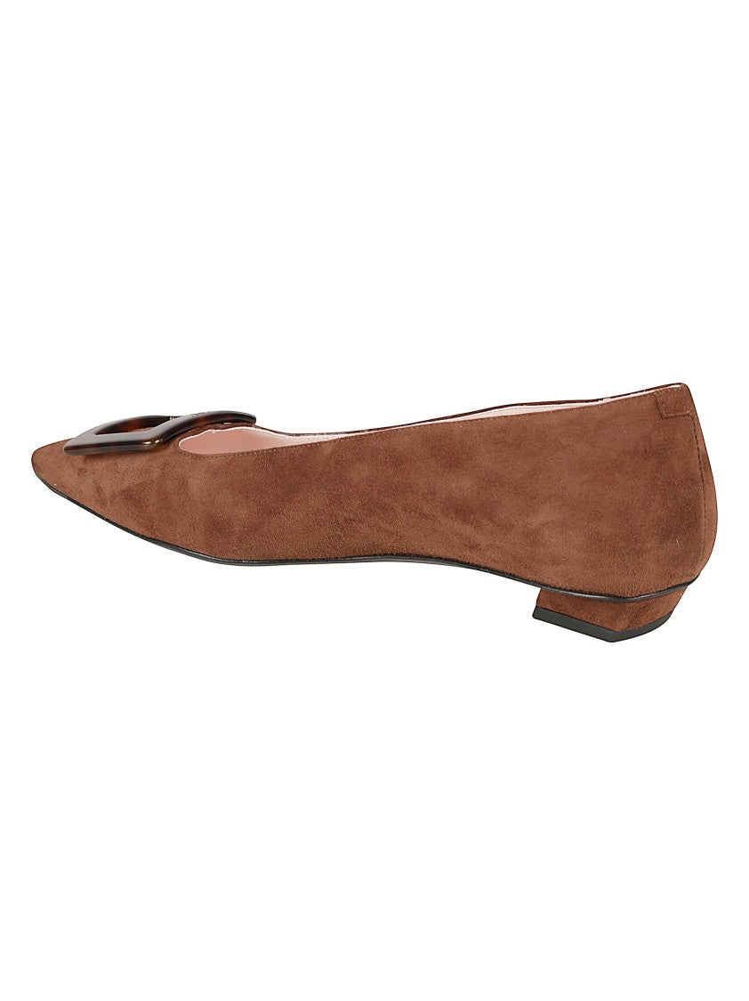 Roger Vivier Pointed Toe Suede Flats With Rectangular Buckle Detail